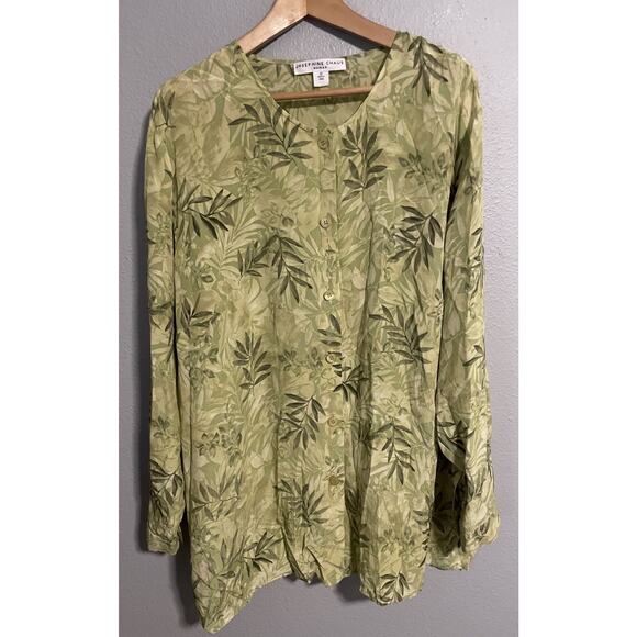 Josephine Chaus Womens Tunic Size 22 Green Floral Silk Button Up Sheer Artsy - Picture 1 of 8